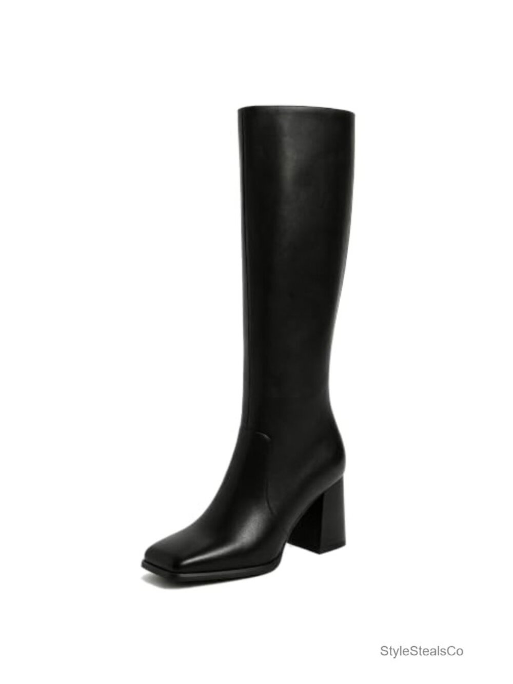 Square Toe Knee High Boots Chunky Block Heel Faux Leather Tall Dress Boots